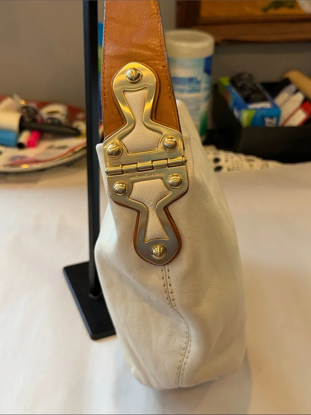 Michael Kors Cream Leather Hobo Bag with Brown Strap Vintage Gold hardware